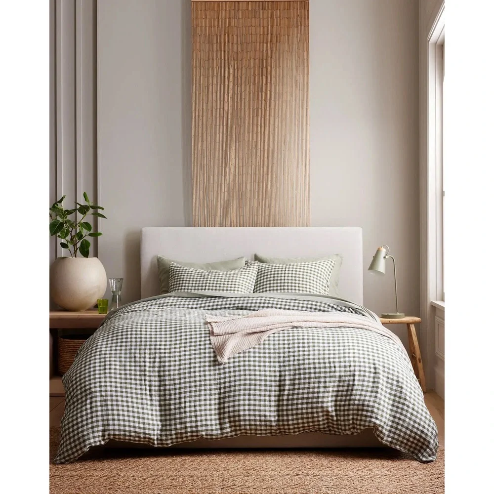 Quince Organic Cotton Gingham Duvet Cover Set Size Full Queen Olive Green NEW